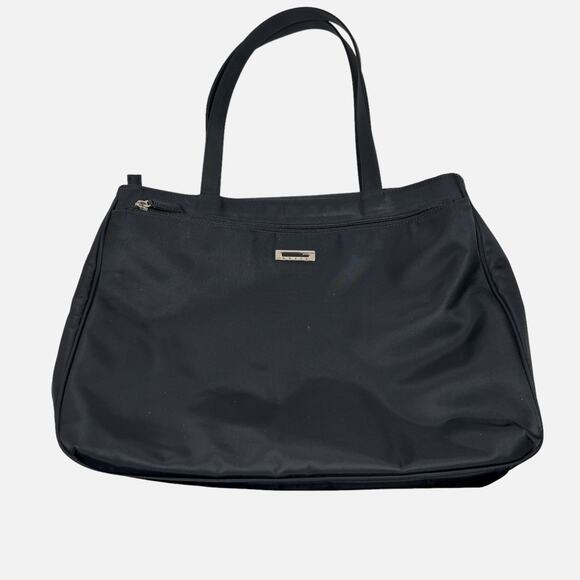 Vintage Guess Shoulder Bag Black Nylon Tote Double Handle Silver Tone Logo Y2K - Picture 2 of 11